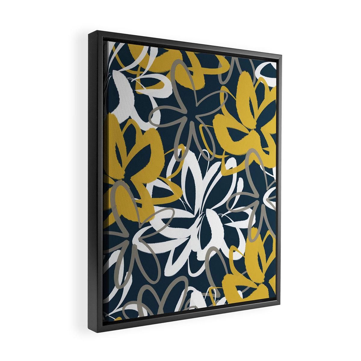 Lotus Garden Painted Floral Pattern in Light Mustard, White, and Gray on Navy Blue Framed Canvas Print Gallery Image 2