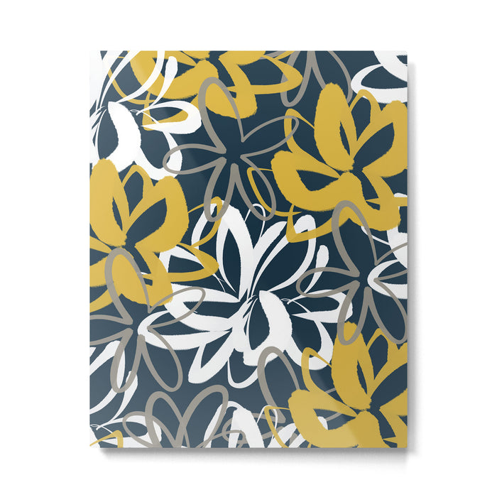 Lotus Garden Painted Floral Pattern in Light Mustard, White, and Gray on Navy Blue Metal Print Gallery Image 1