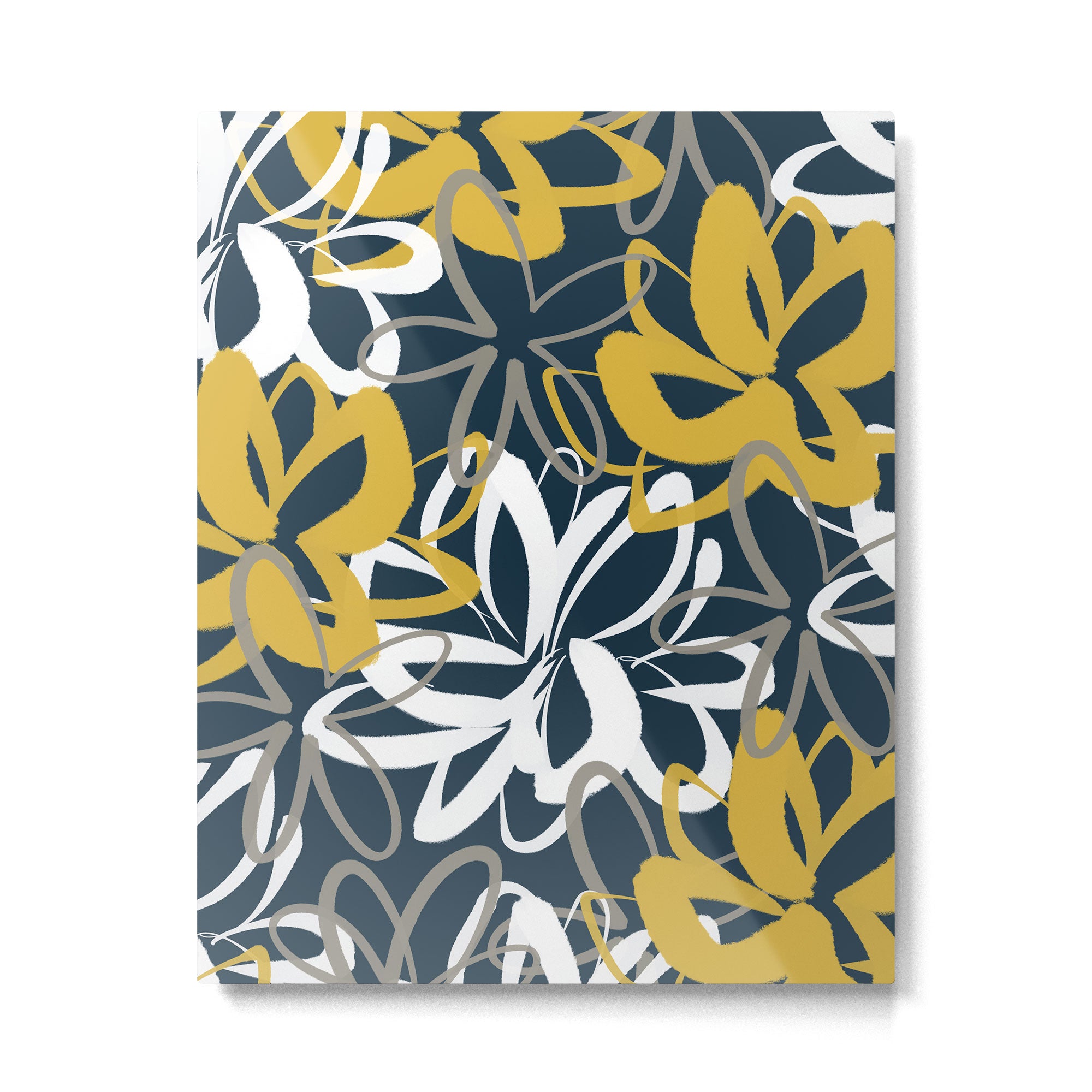 Lotus Garden Painted Floral Pattern in Light Mustard, White, and Gray on Navy Blue Metal Print Gallery Image 6