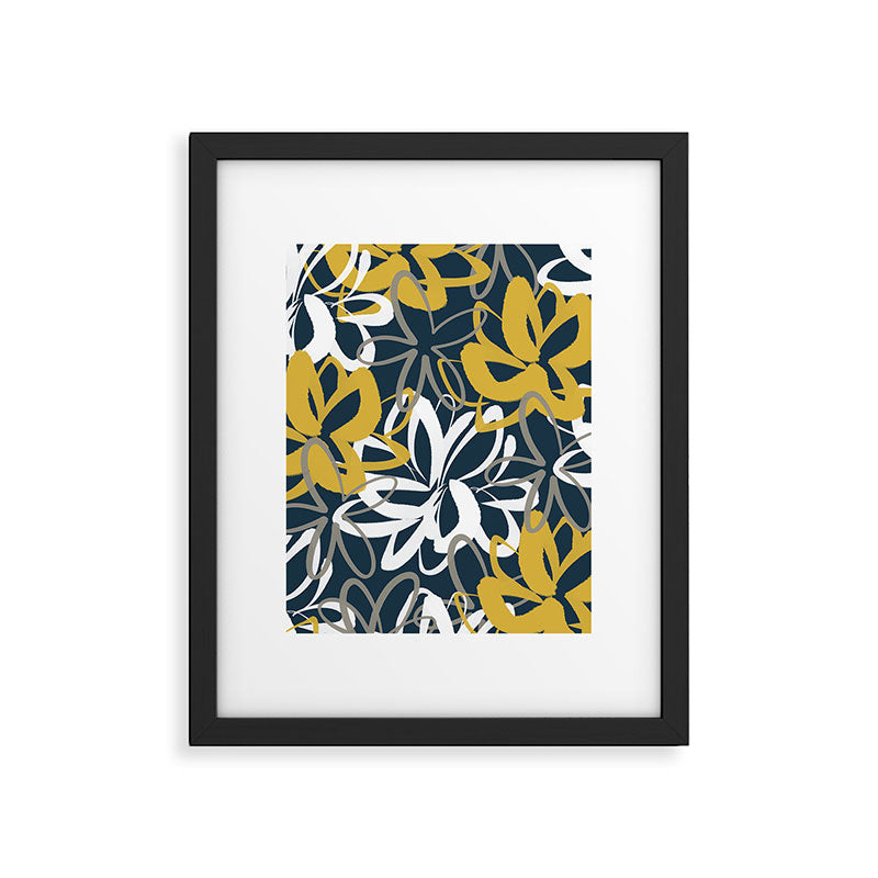 Lotus Garden Painted Floral Pattern in Light Mustard, White, and Gray on Navy Blue Framed Art Print Gallery Image 6