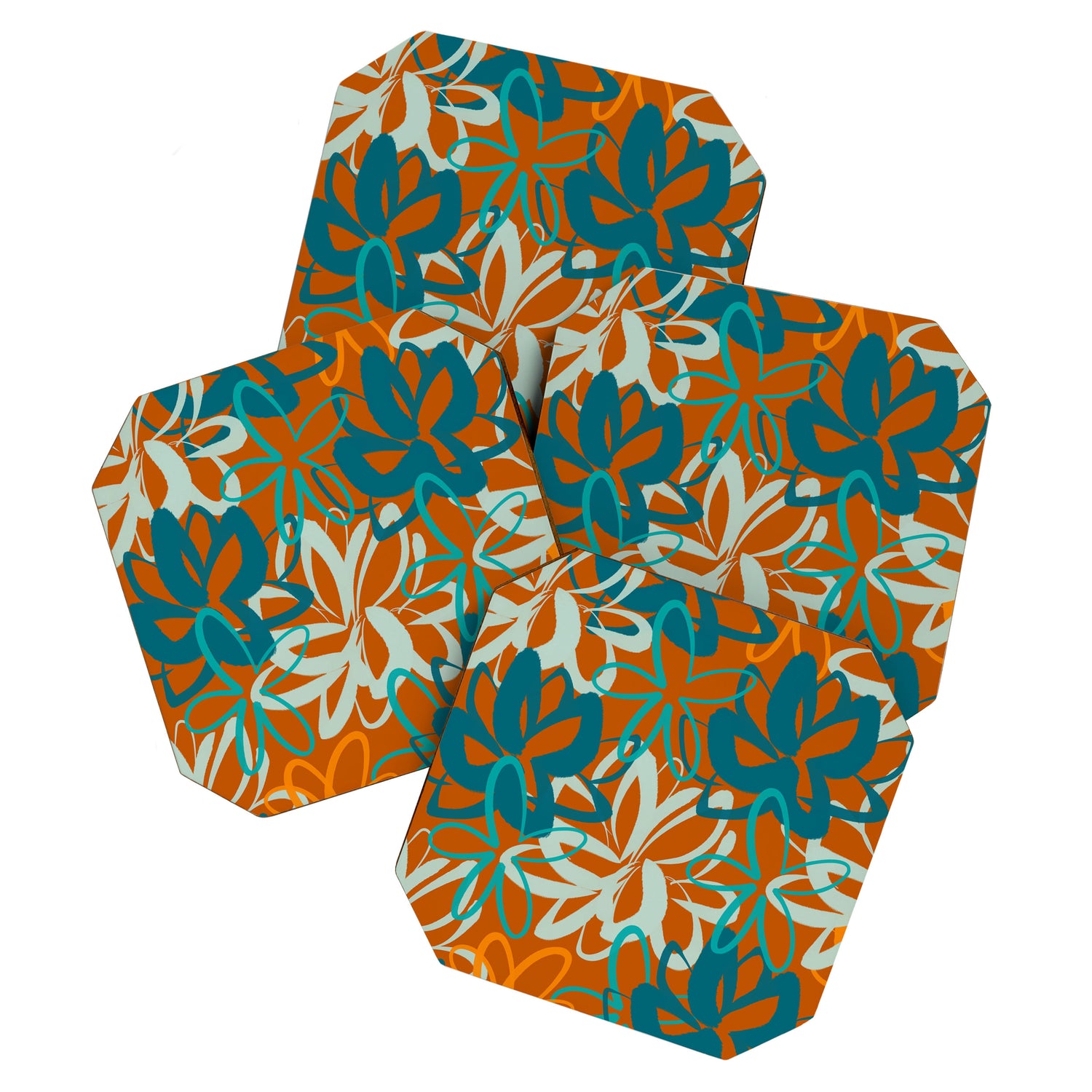 Lotus Garden Painted Floral Pattern in Celadon Orange Teal Rust Coaster Gallery Image 1
