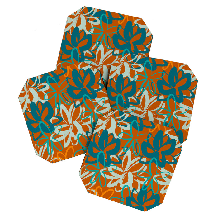 Lotus Garden Painted Floral Pattern in Celadon Orange Teal Rust Coaster Gallery Image 1