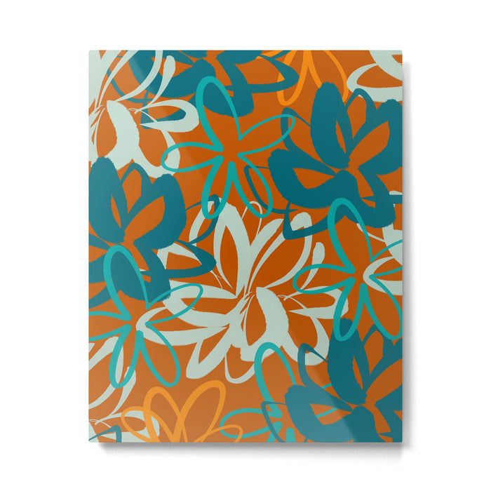 Lotus Garden Painted Floral Pattern in Celadon Orange Teal Rust Metal Print Gallery Image 1