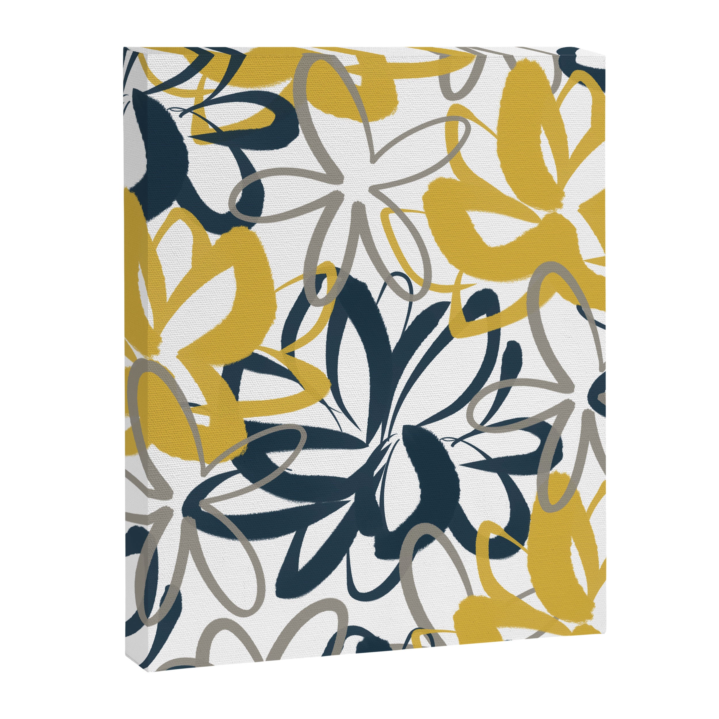 Lotus Garden Painted Floral Pattern in Light Mustard Yellow, Navy Blue, and Gray on White Canvas Print Gallery Image 8