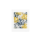 Lotus Garden Painted Floral Pattern in Light Mustard Yellow, Navy Blue, and Gray on White Art Print Gallery Image 1