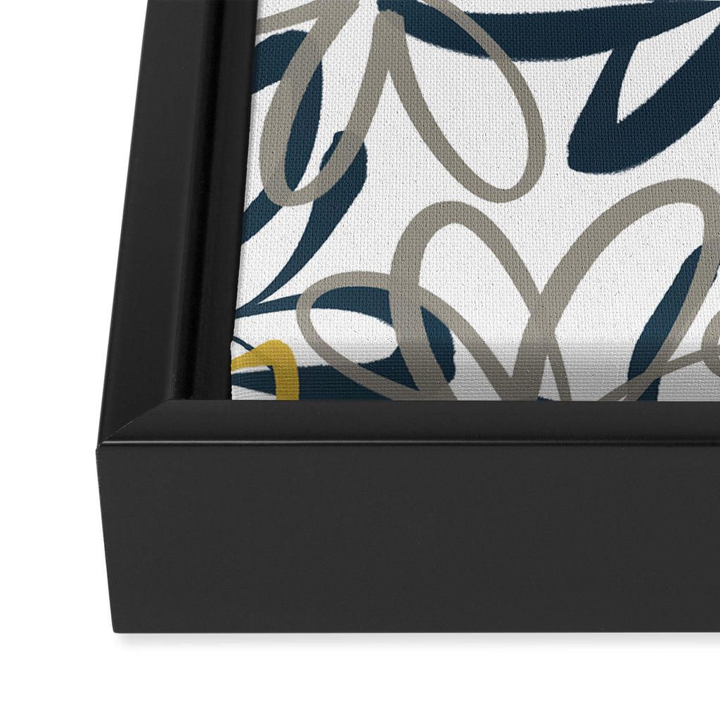 Lotus Garden Painted Floral Pattern in Light Mustard Yellow, Navy Blue, and Gray on White Framed Canvas Print Gallery Image 3