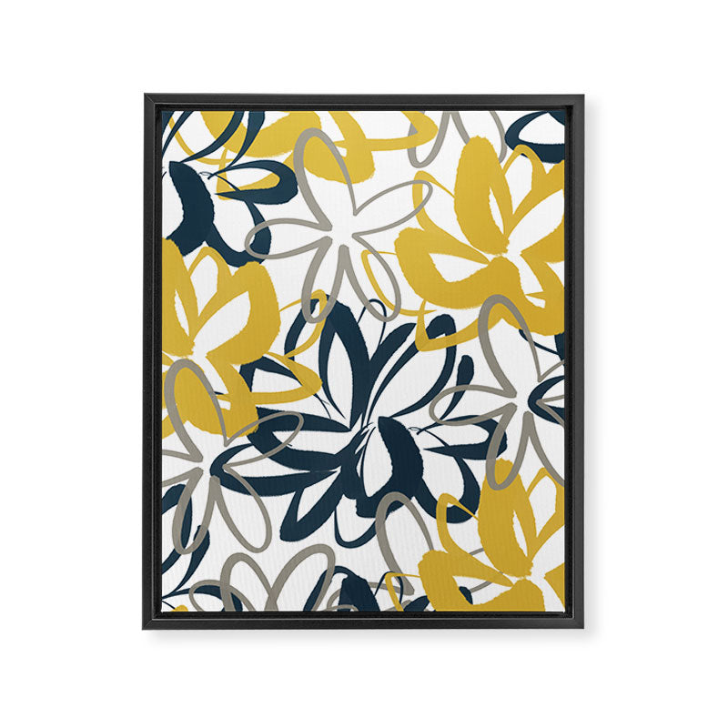 Lotus Garden Painted Floral Pattern in Light Mustard Yellow, Navy Blue, and Gray on White Framed Canvas Print Gallery Image 8