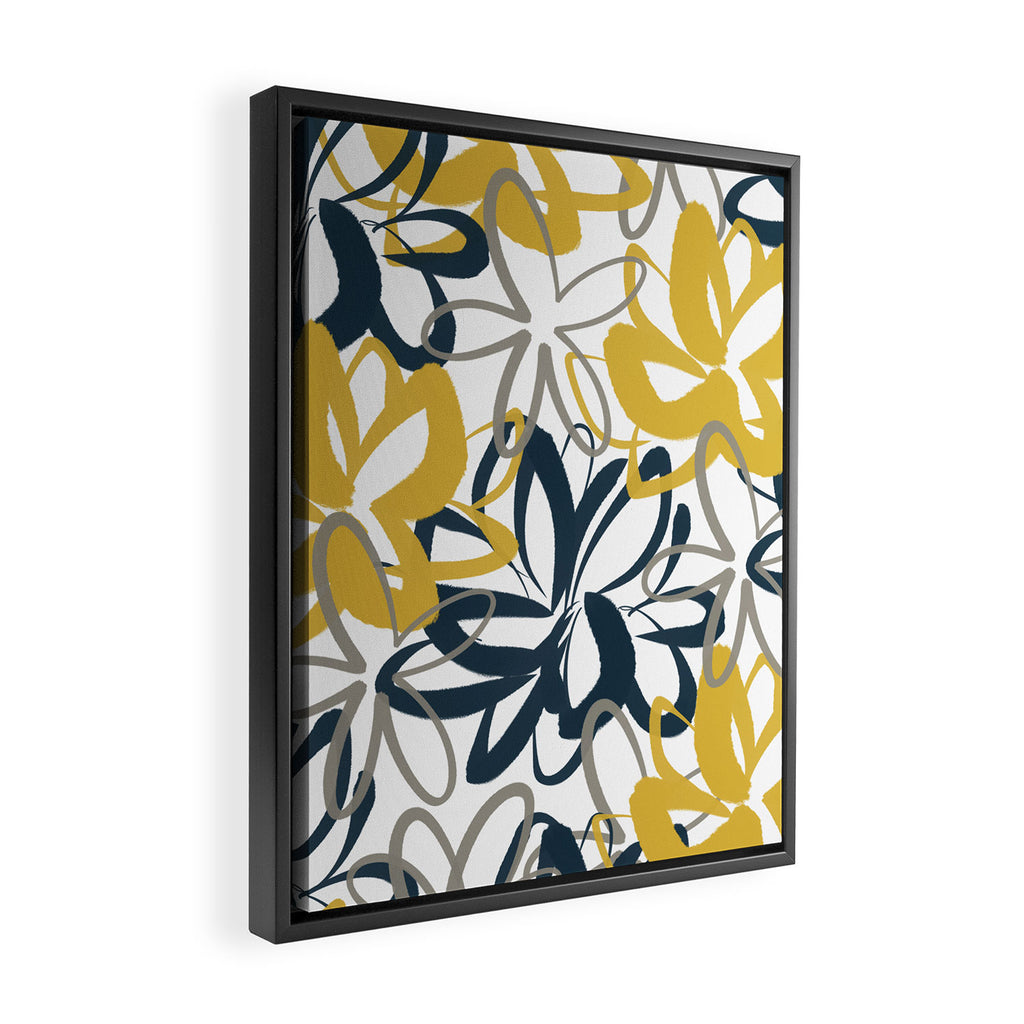 Lotus Garden Painted Floral Pattern in Light Mustard Yellow, Navy Blue, and Gray on White Framed Canvas Print Gallery Image 2