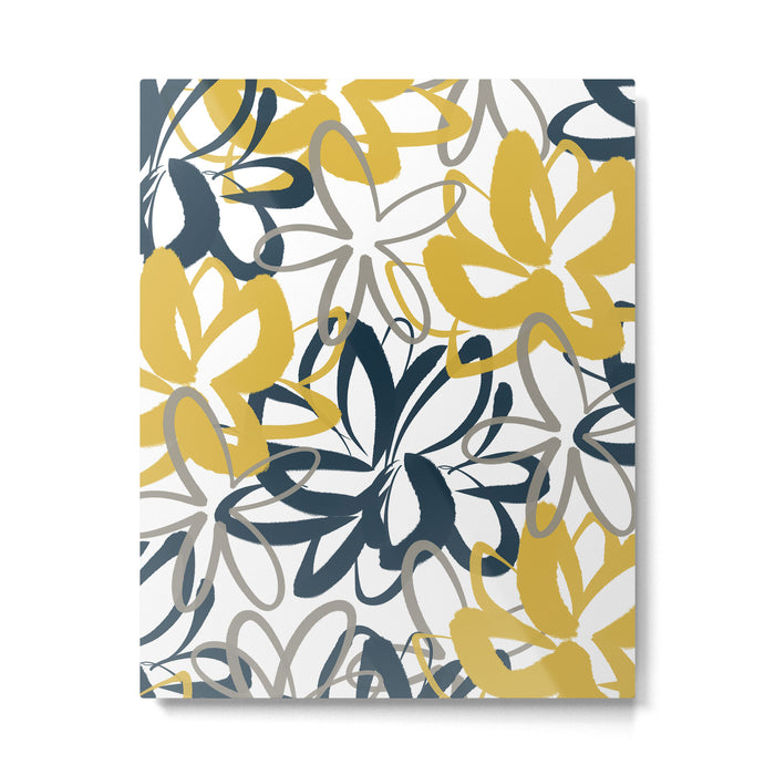 Lotus Garden Painted Floral Pattern in Light Mustard Yellow, Navy Blue, and Gray on White Metal Print Gallery Image 1