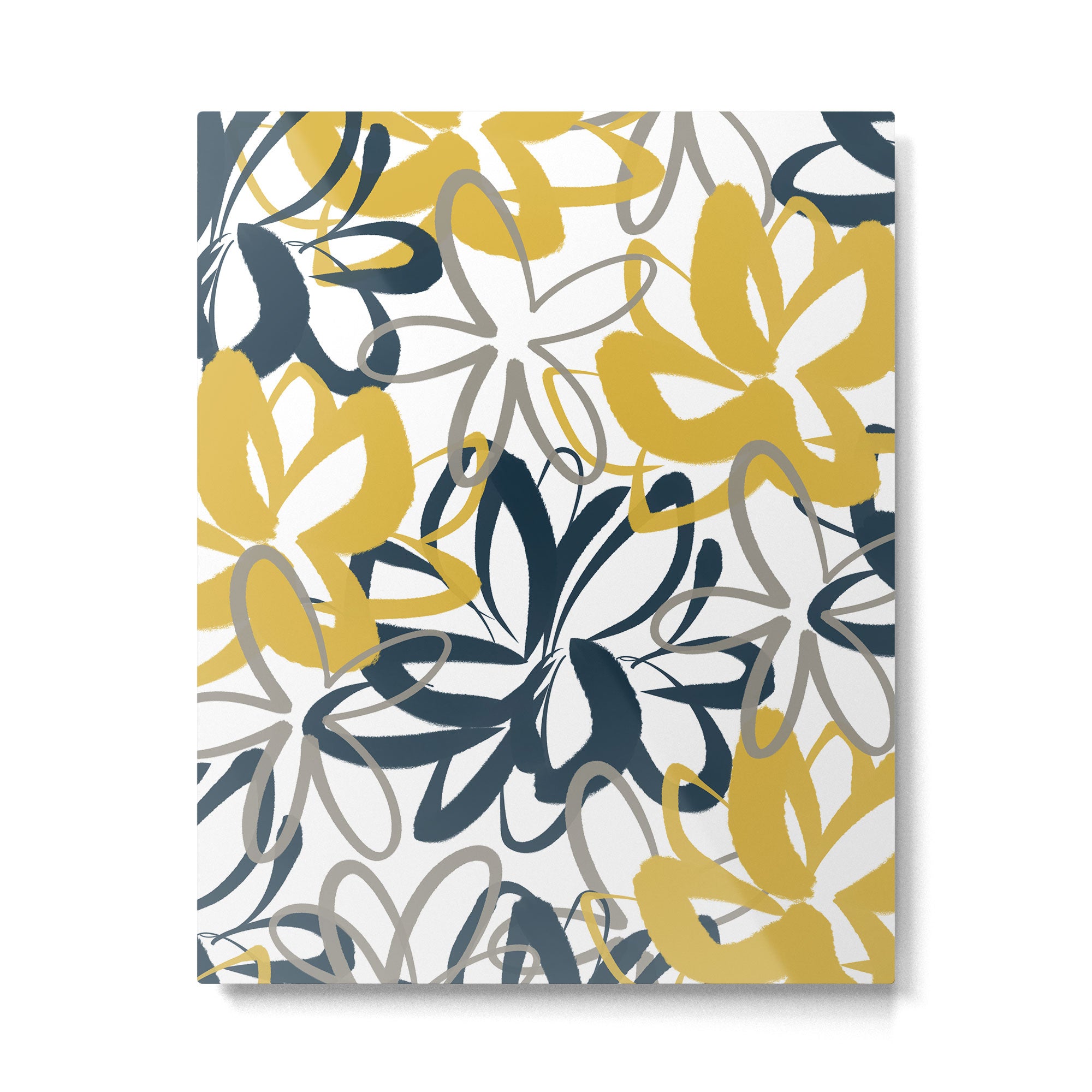 Lotus Garden Painted Floral Pattern in Light Mustard Yellow, Navy Blue, and Gray on White Metal Print Gallery Image 6