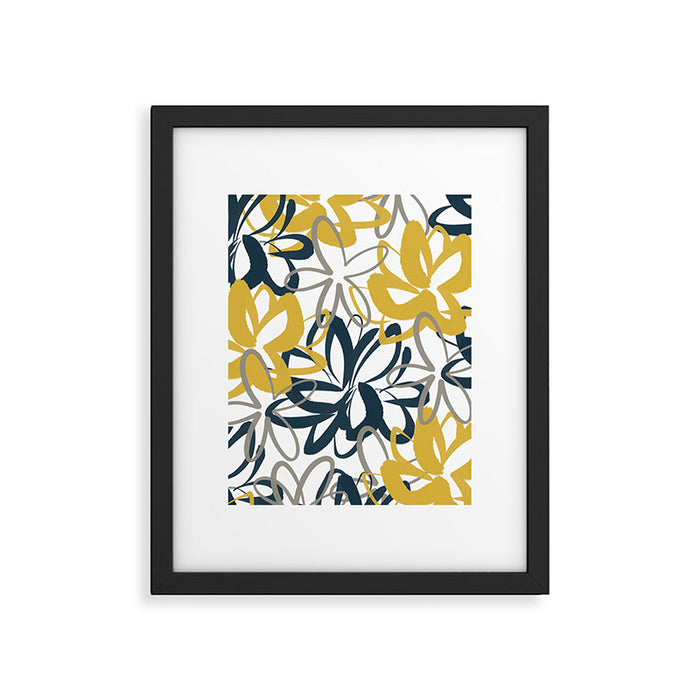 Lotus Garden Painted Floral Pattern in Light Mustard Yellow, Navy Blue, and Gray on White Framed Art Print Gallery Image 1