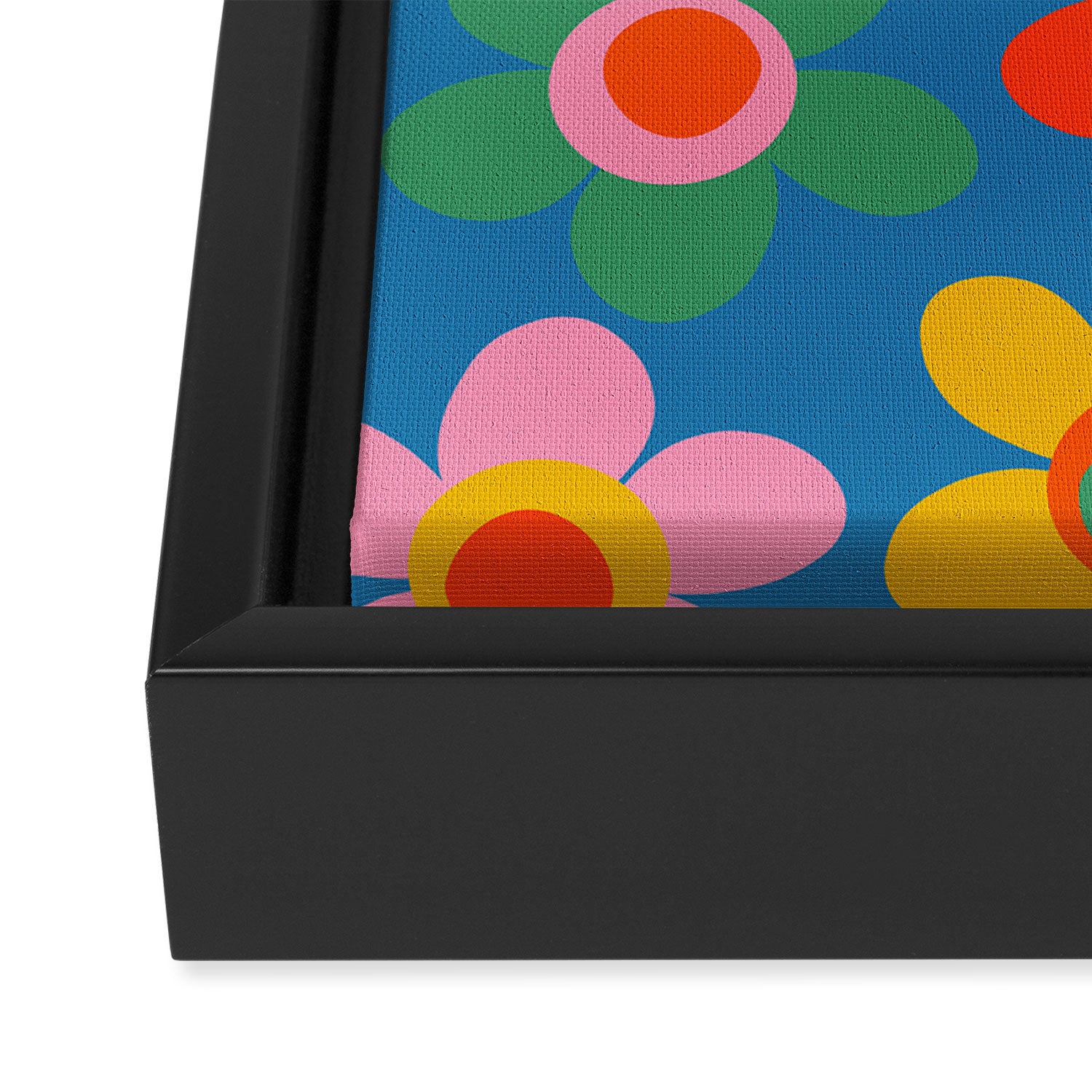 Maisie Flowers Cheerful Floral Pattern Blue Green Orange Yellow Pink Framed Canvas Print Gallery Image 3