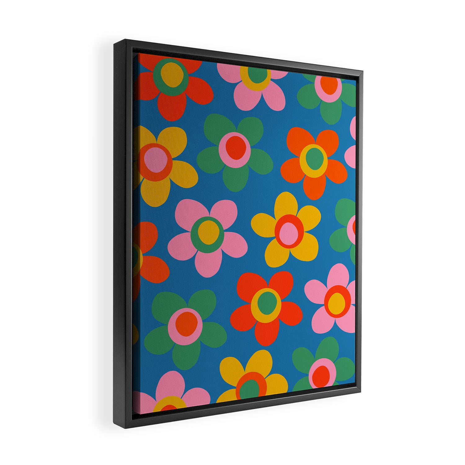 Maisie Flowers Cheerful Floral Pattern Blue Green Orange Yellow Pink Framed Canvas Print Gallery Image 2