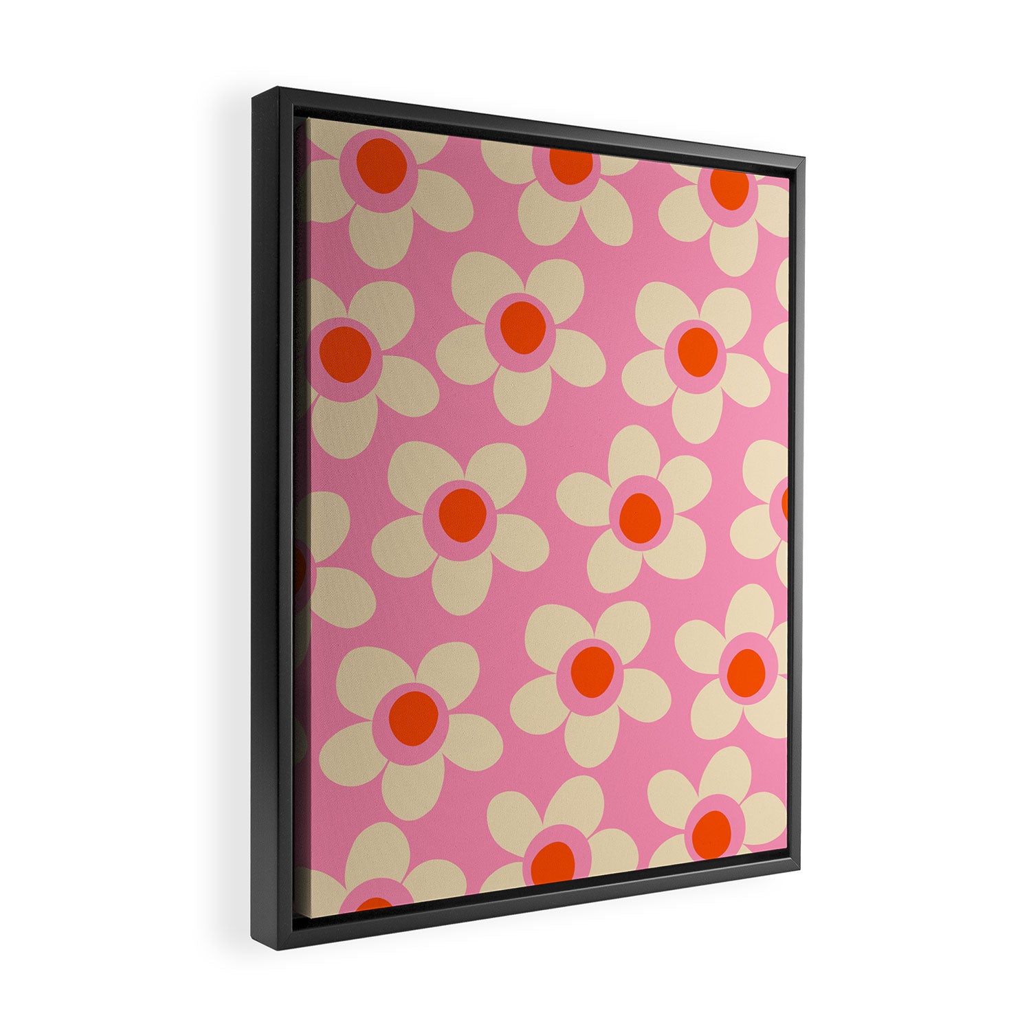 Maisie Flowers Pink Retro Floral Pattern Orange Cream Framed Canvas Print Gallery Image 2