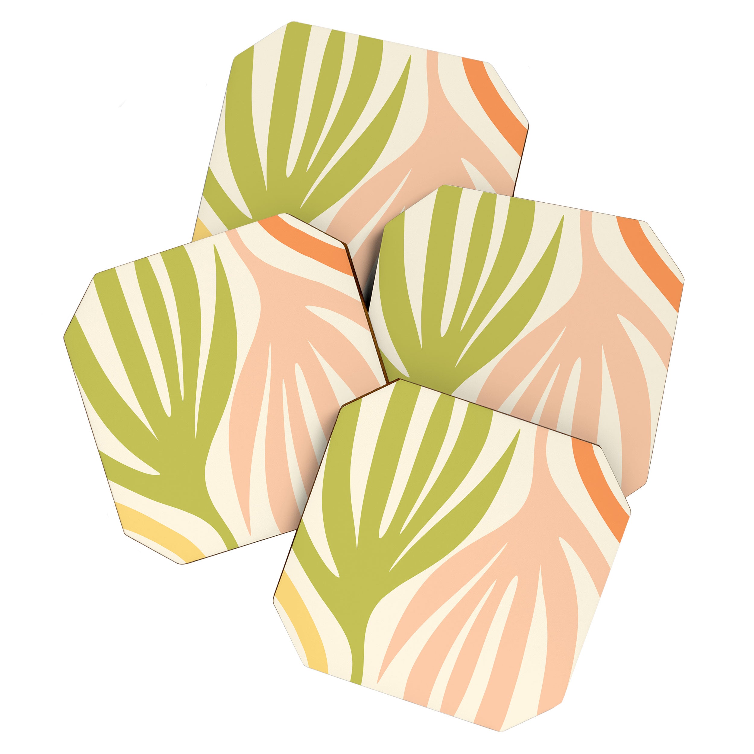 Maldives Abstract Botanical Pattern in Retro Light Green Blush Orange Yellow Cream Coaster Gallery Image 1