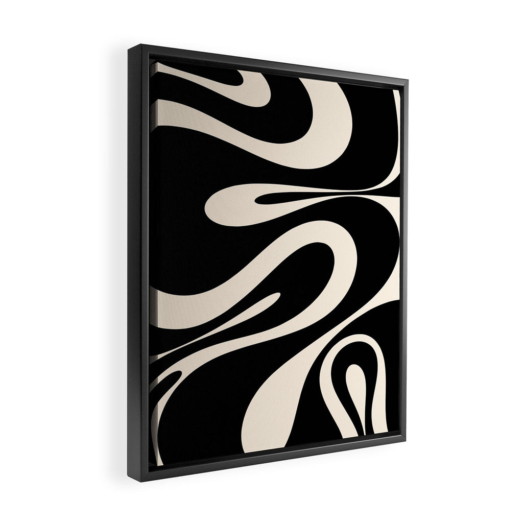 Mellow Flow Retro 60s 70s Abstract Pattern in Black and Almond Cream Framed Canvas Print Gallery Image 2