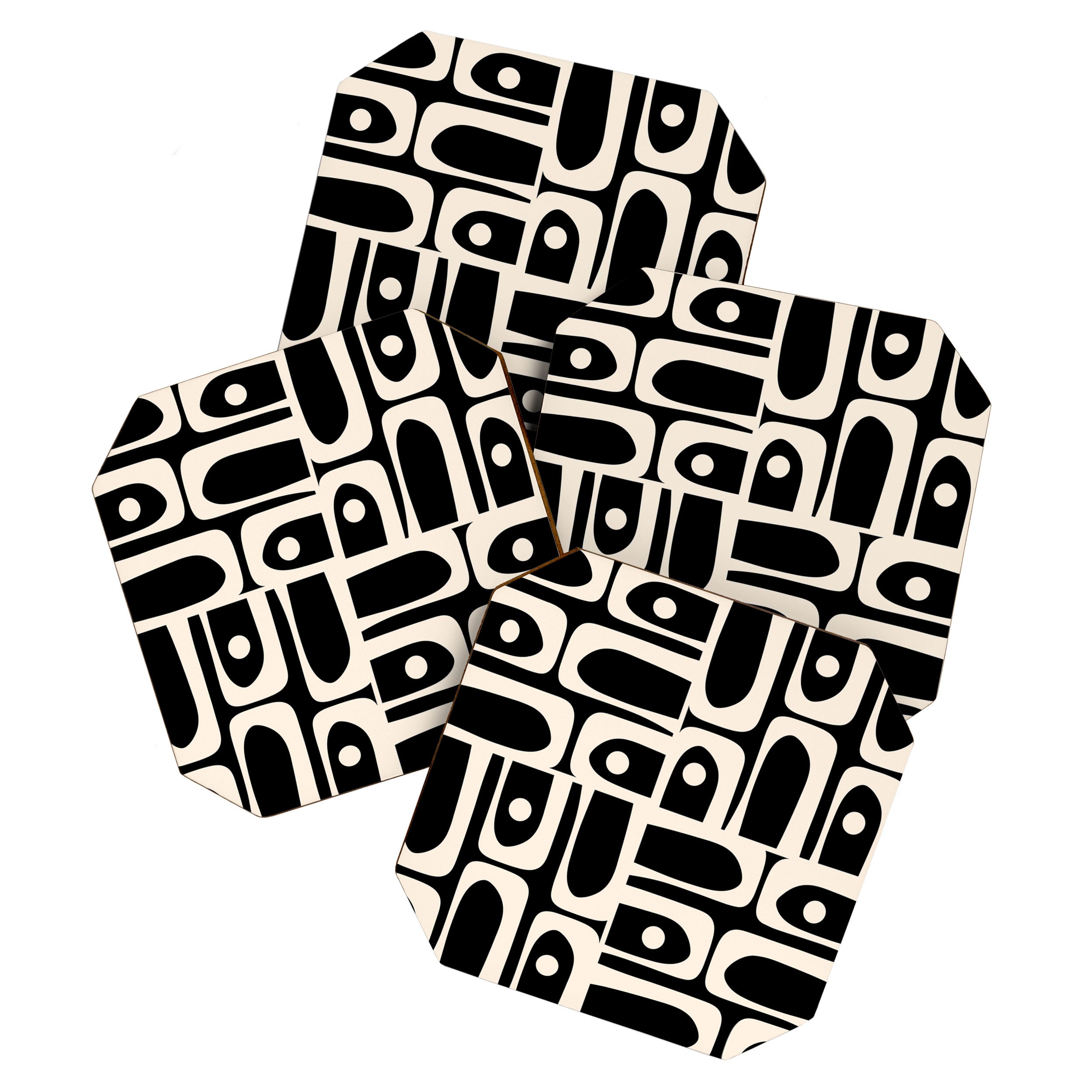Mid Century Modern Abstract Black and Cream Piquet Multi Pattern Coaster Gallery Image 1