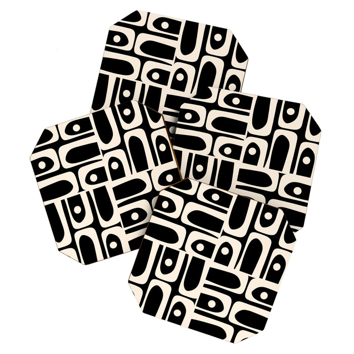Mid Century Modern Abstract Black and Cream Piquet Multi Pattern Coaster Gallery Image 1