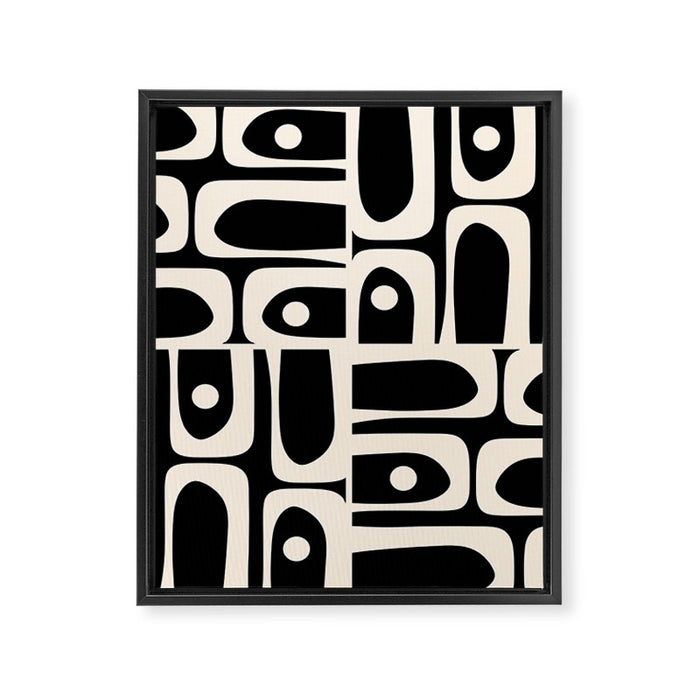 Mid Century Modern Abstract Black and Cream Piquet Multi Pattern Framed Canvas Print Gallery Image 1