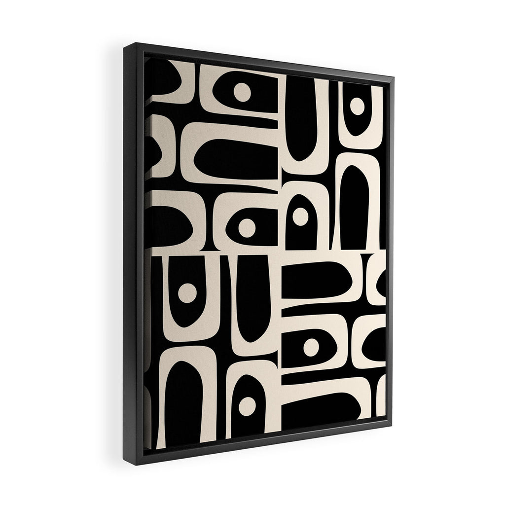 Mid Century Modern Abstract Black and Cream Piquet Multi Pattern Framed Canvas Print Gallery Image 2