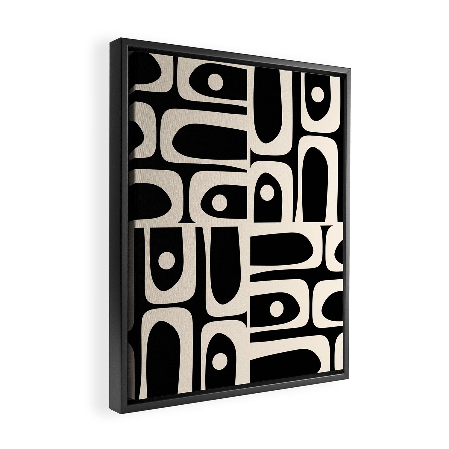 Mid Century Modern Abstract Black and Cream Piquet Multi Pattern Framed Canvas Print Gallery Image 2