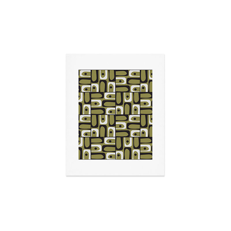 Mid Century Modern Abstract Geometric Piquet Multi Pattern in Retro Olive Black White Art Print Gallery Image 1
