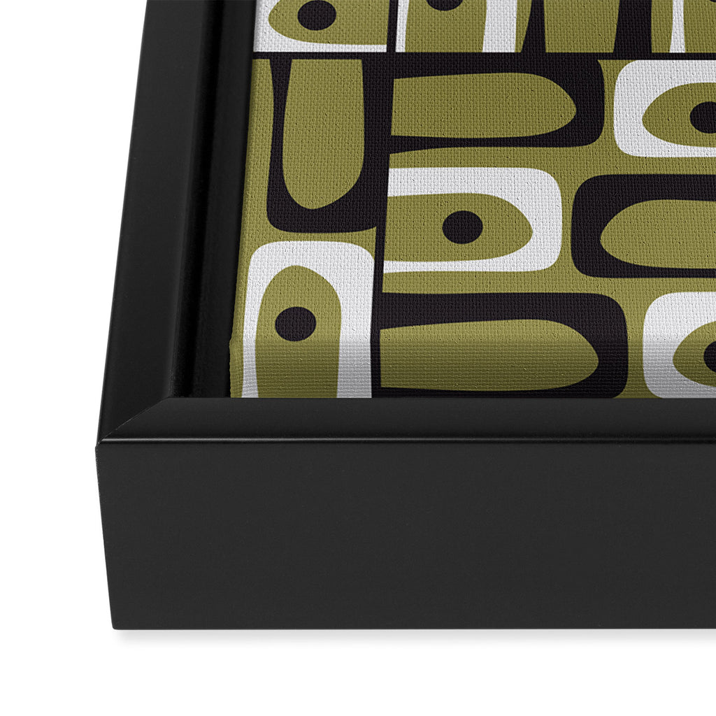 Mid Century Modern Abstract Geometric Piquet Multi Pattern in Retro Olive Black White Framed Canvas Print Gallery Image 3