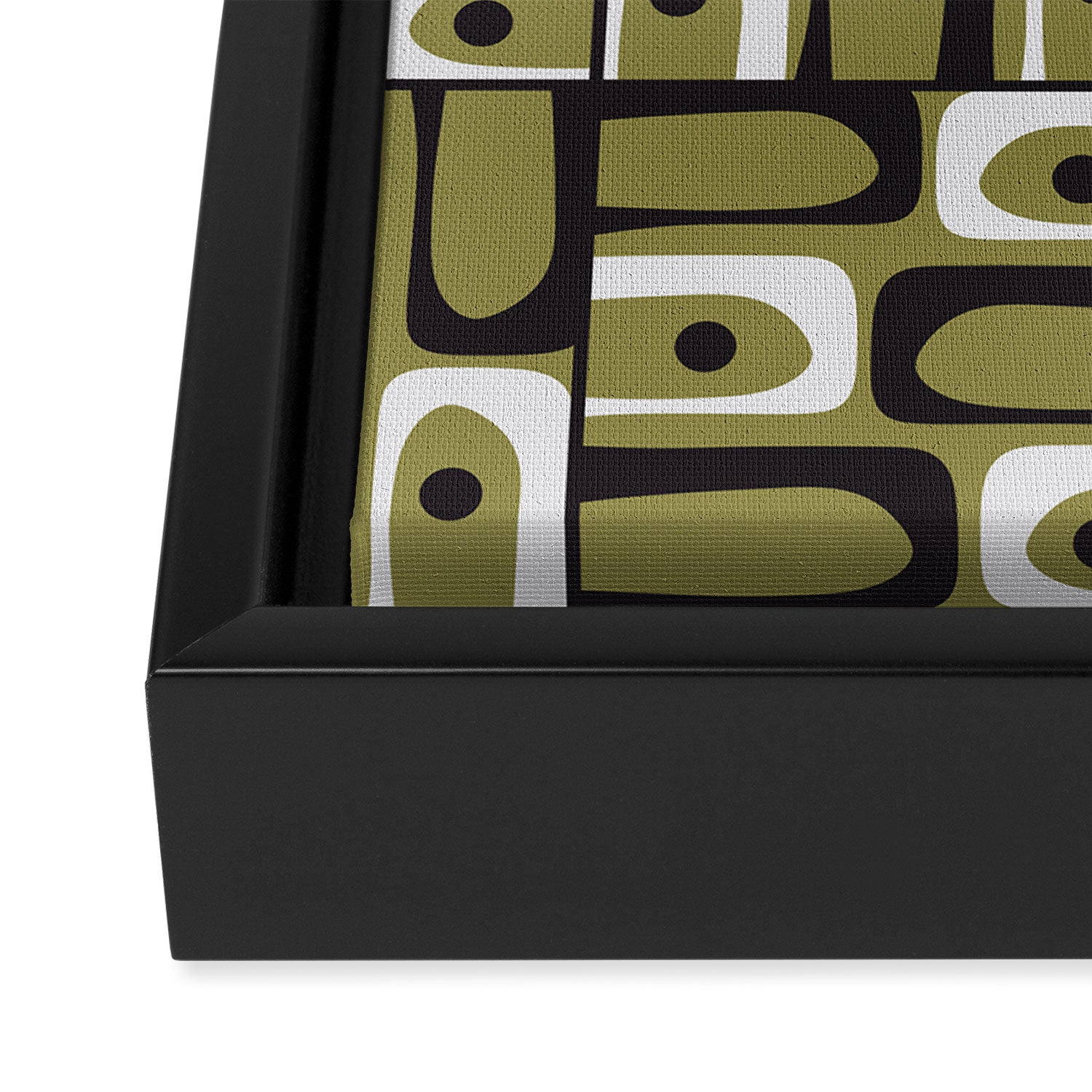 Mid Century Modern Abstract Geometric Piquet Multi Pattern in Retro Olive Black White Framed Canvas Print Gallery Image 3