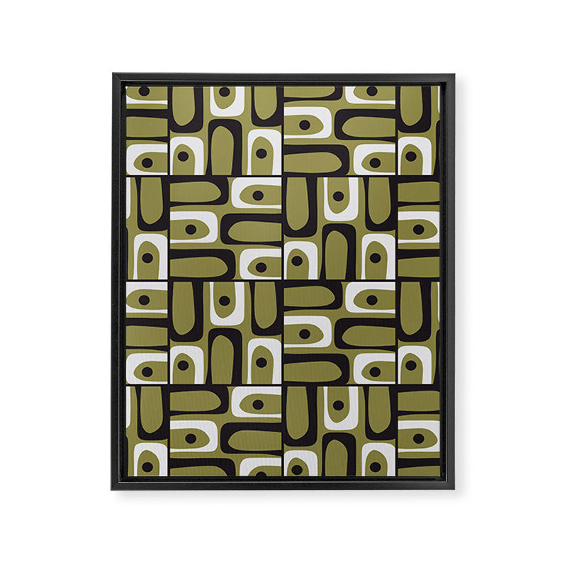 Mid Century Modern Abstract Geometric Piquet Multi Pattern in Retro Olive Black White Framed Canvas Print Gallery Image 8