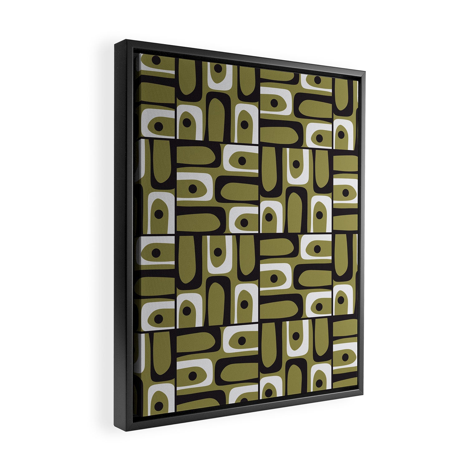 Mid Century Modern Abstract Geometric Piquet Multi Pattern in Retro Olive Black White Framed Canvas Print Gallery Image 2