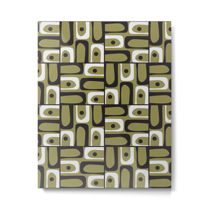 Mid Century Modern Abstract Geometric Piquet Multi Pattern in Retro Olive Black White Metal Print Gallery Image 1