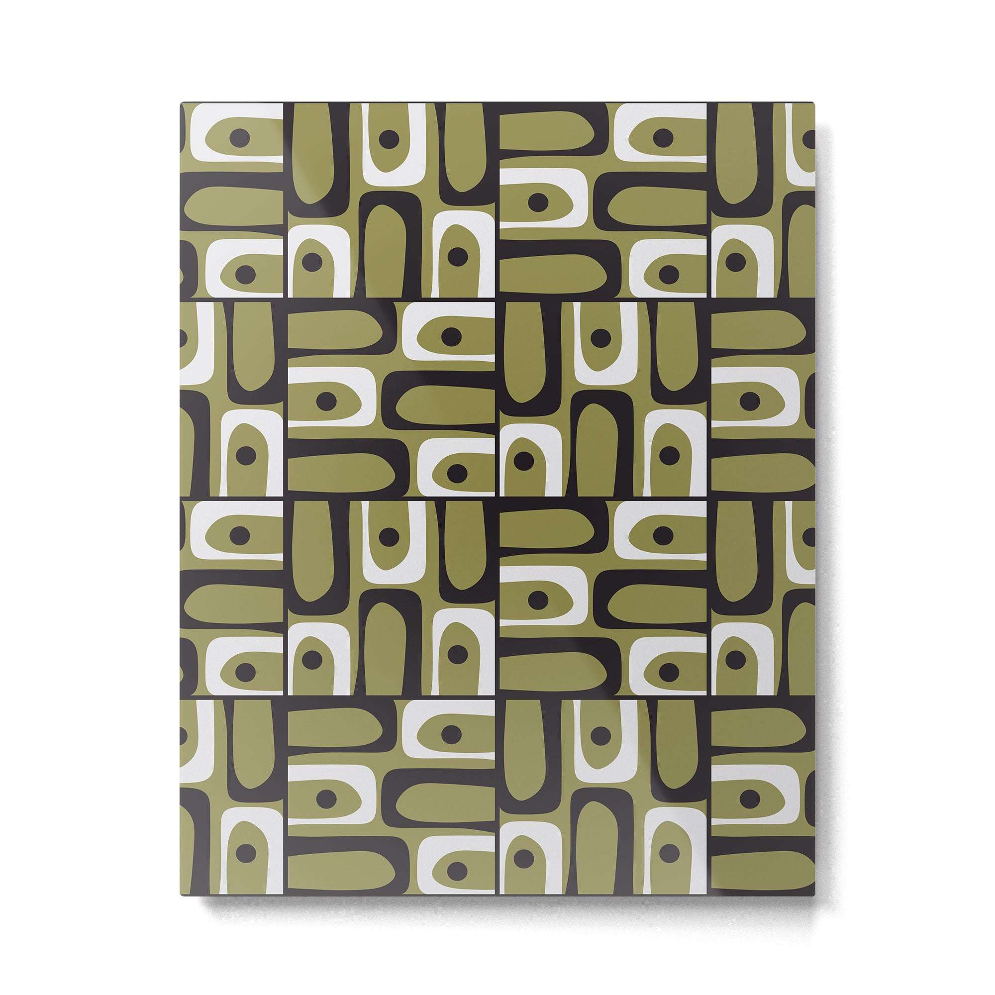 Mid Century Modern Abstract Geometric Piquet Multi Pattern in Retro Olive Black White Metal Print Gallery Image 6