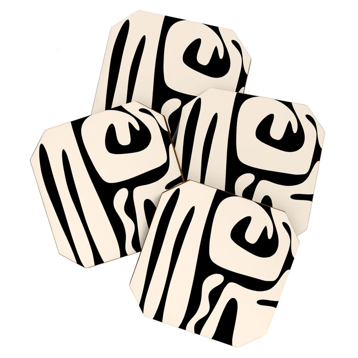 Mid Century Modern Abstract Kwaito Pattern in Black and Cream Coaster Gallery Image 1