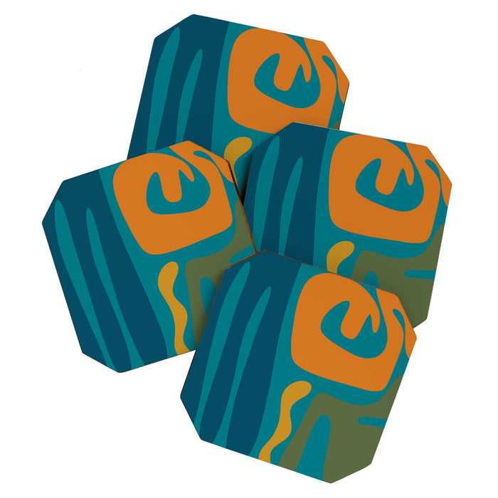 Mid Century Modern Abstract Kwaito Pattern in Moroccan Teal Orange Olive Coaster Gallery Image 1
