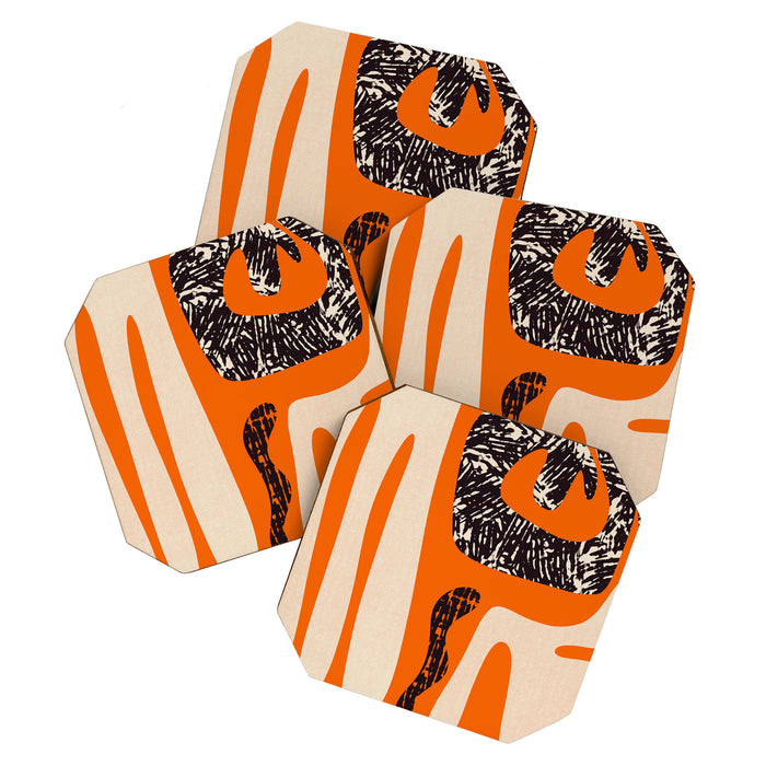 Mid Century Modern Abstract Kwaito Textured Pattern Orange Black Cream Coaster Gallery Image 1
