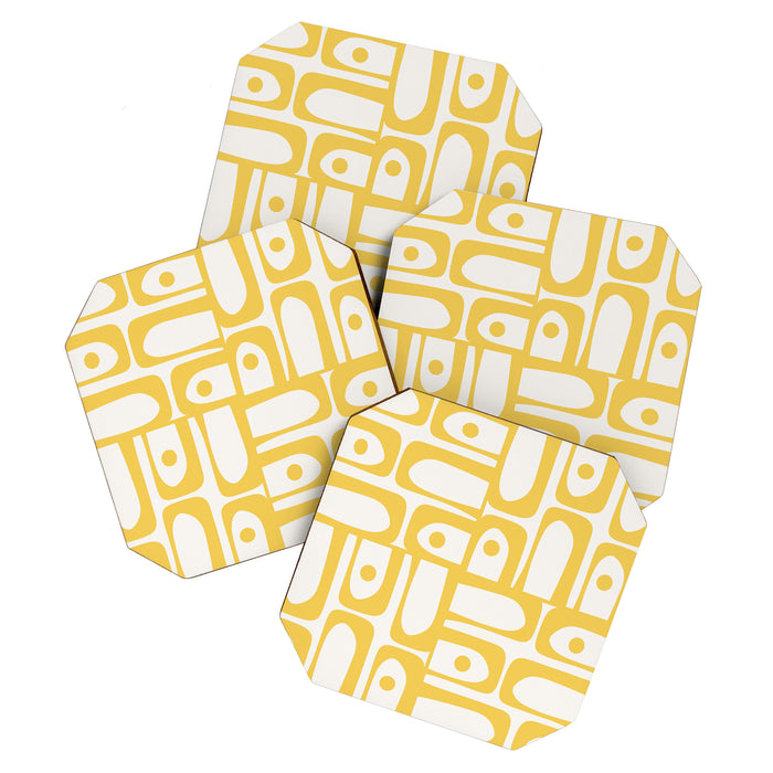 Mid Century Modern Abstract Lemon Yellow and Off White Piquet Multi Pattern  Coaster Gallery Image 1