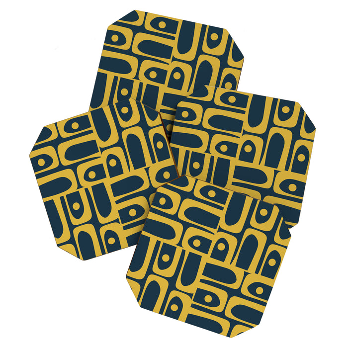 Mid Century Modern Abstract Light Mustard and Dark Navy Blue Piquet Multi Pattern Coaster Gallery Image 1