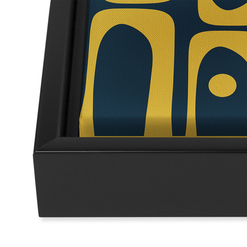 Mid Century Modern Abstract Light Mustard and Dark Navy Blue Piquet Multi Pattern Framed Canvas Print Gallery Image 3