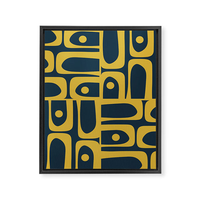 Mid Century Modern Abstract Light Mustard and Dark Navy Blue Piquet Multi Pattern Framed Canvas Print Gallery Image 1