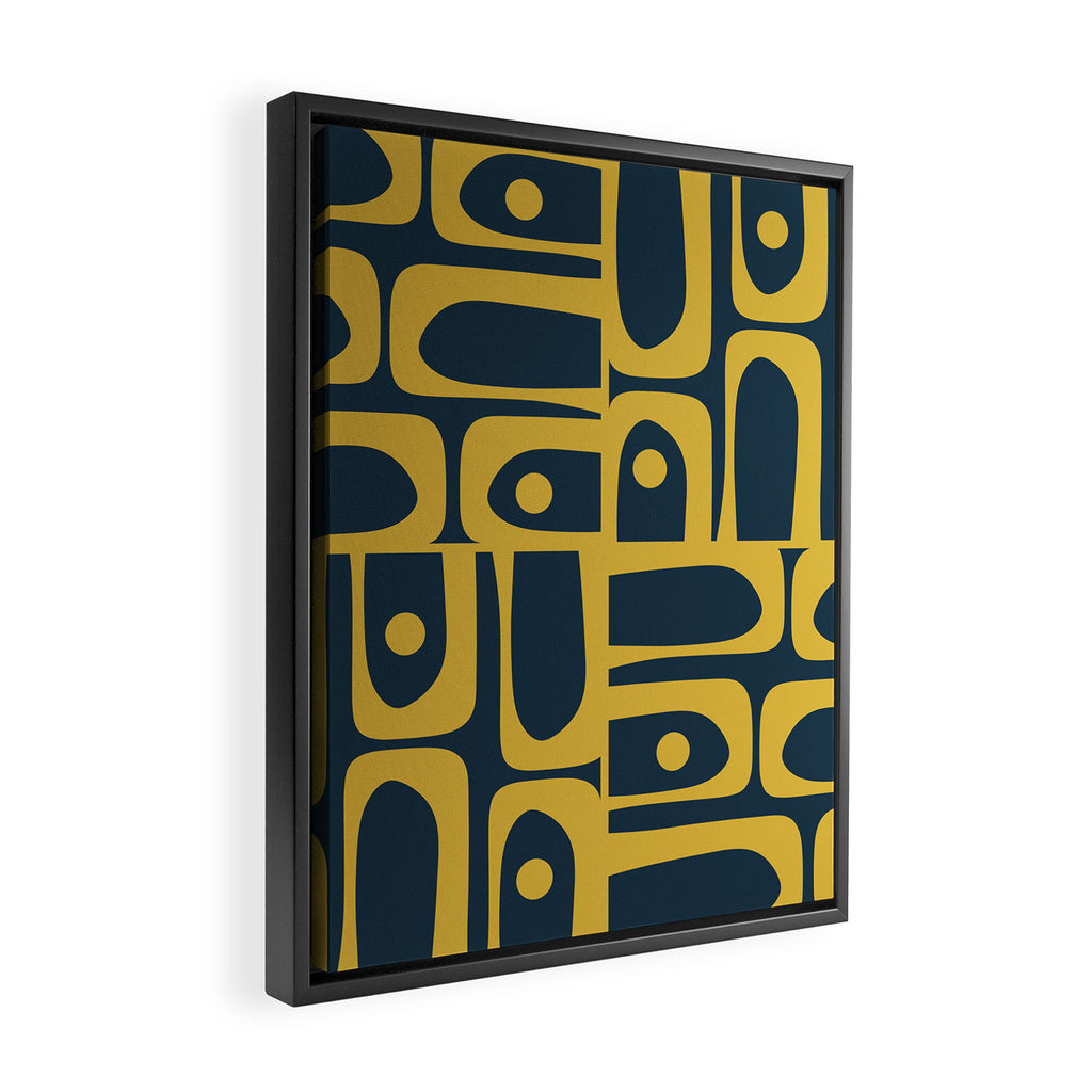 Mid Century Modern Abstract Light Mustard and Dark Navy Blue Piquet Multi Pattern Framed Canvas Print Gallery Image 2