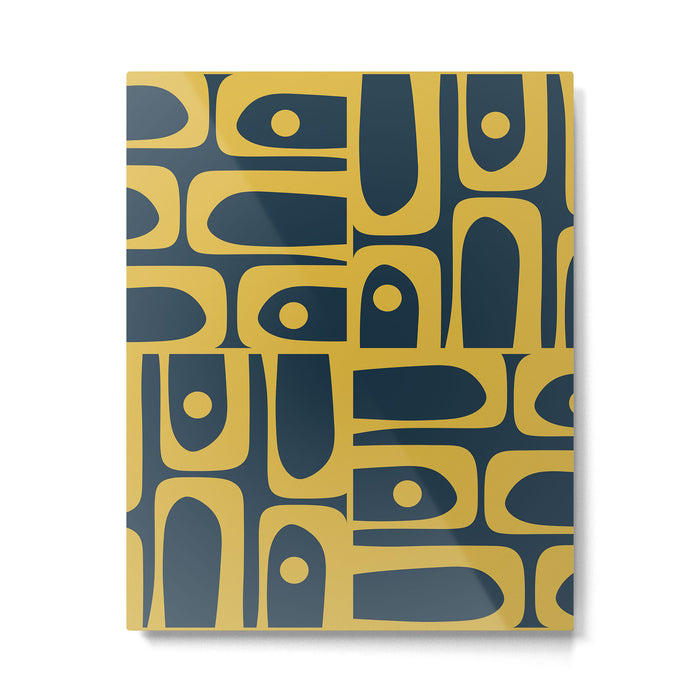 Mid Century Modern Abstract Light Mustard and Dark Navy Blue Piquet Multi Pattern Metal Print Gallery Image 1