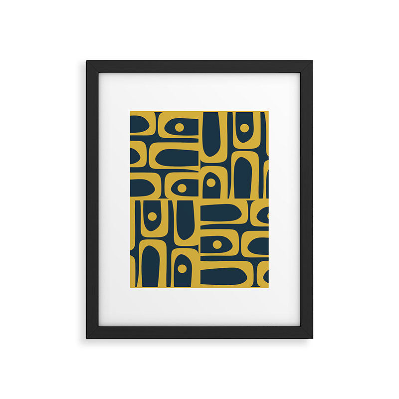 Mid Century Modern Abstract Light Mustard and Dark Navy Blue Piquet Multi Pattern Framed Art Print Gallery Image 6