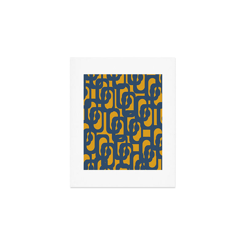 Mid Century Modern Abstract Loop Pattern in Navy Blue and Mustard Ochre Art Print Gallery Image 1