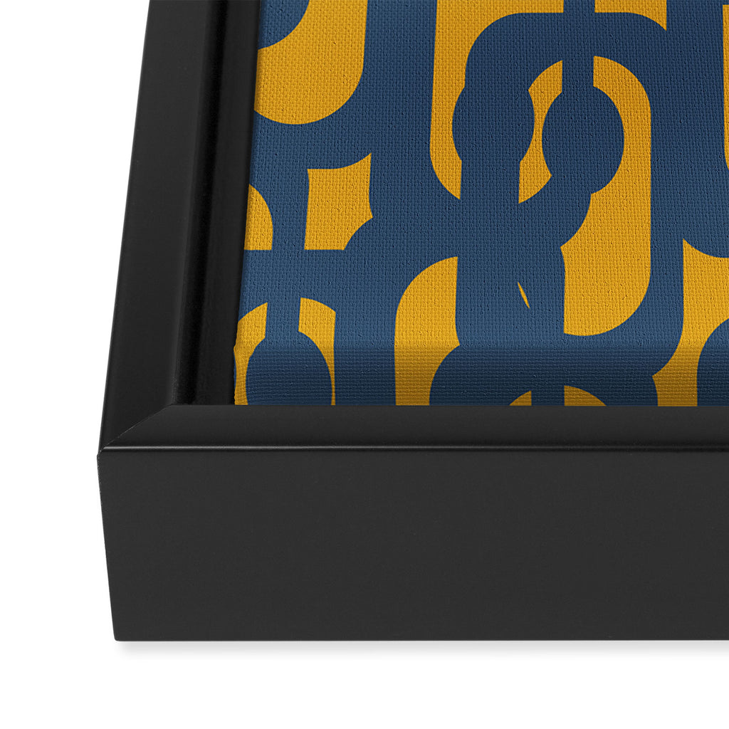 Mid Century Modern Abstract Loop Pattern in Navy Blue and Mustard Ochre Framed Canvas Print Gallery Image 3