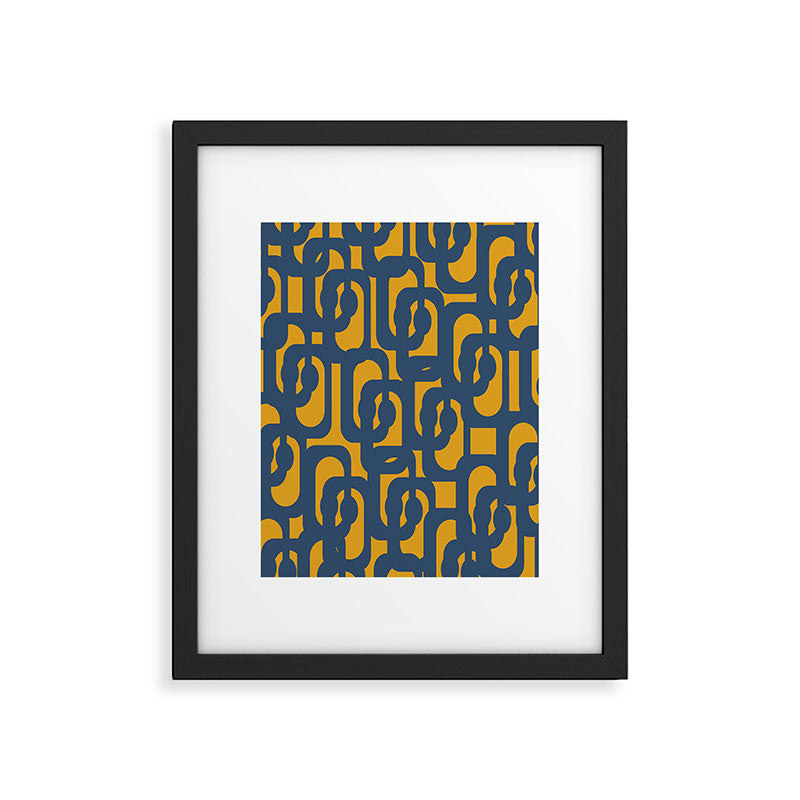 Mid Century Modern Abstract Loop Pattern in Navy Blue and Mustard Ochre Framed Art Print Gallery Image 6
