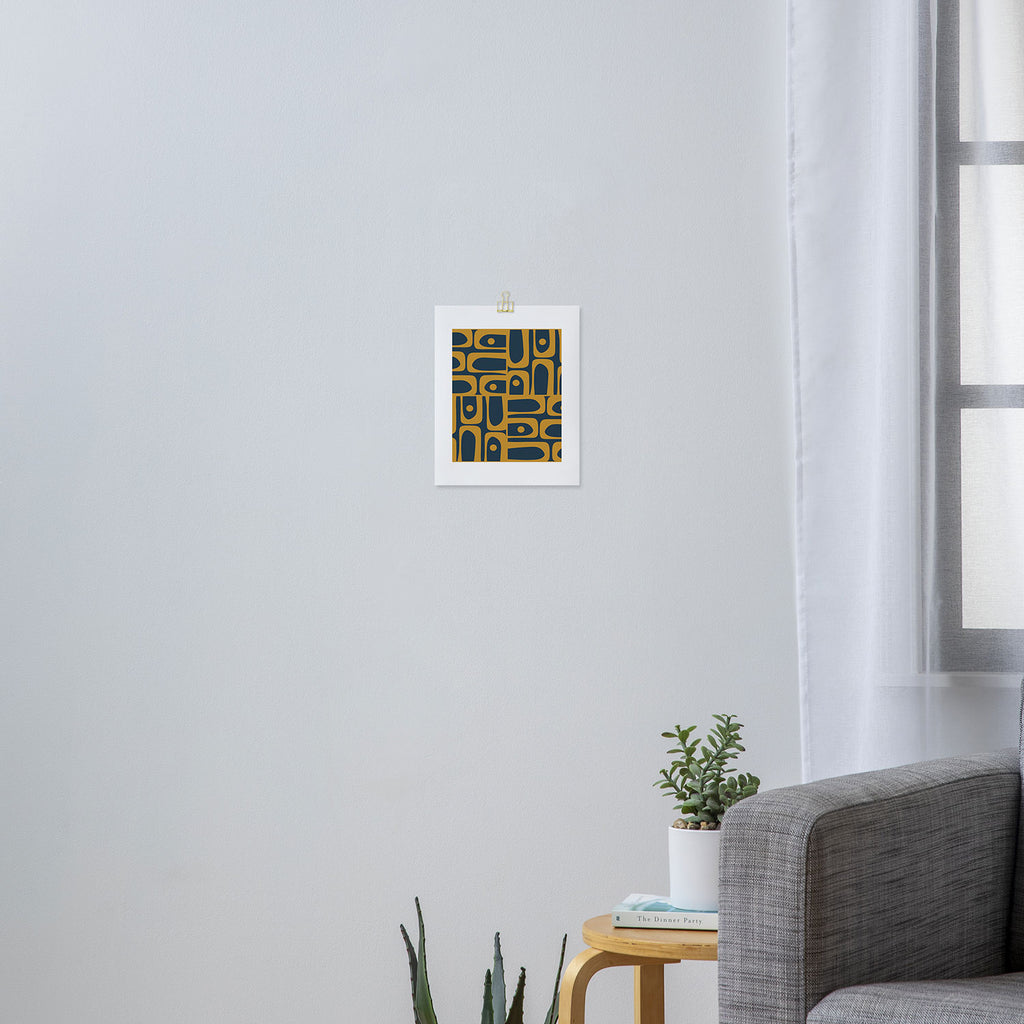 Mid Century Modern Abstract Piquet Multi Pattern in Dark Mustard and Navy Blue Art Print Gallery Image 3