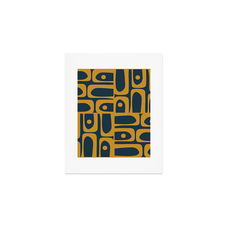 Mid Century Modern Abstract Piquet Multi Pattern in Dark Mustard and Navy Blue Art Print Gallery Image 1