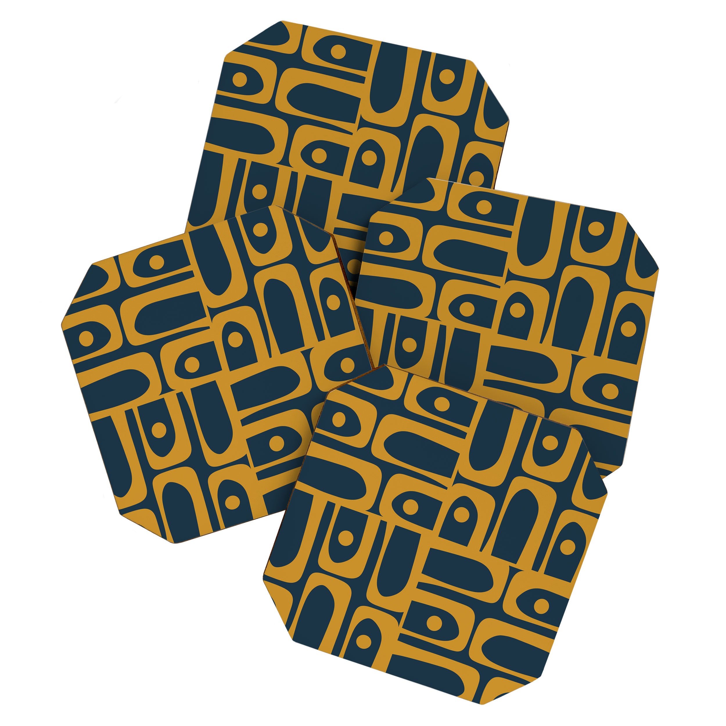 Mid Century Modern Abstract Piquet Multi Pattern in Dark Mustard and Navy Blue Coaster Gallery Image 1