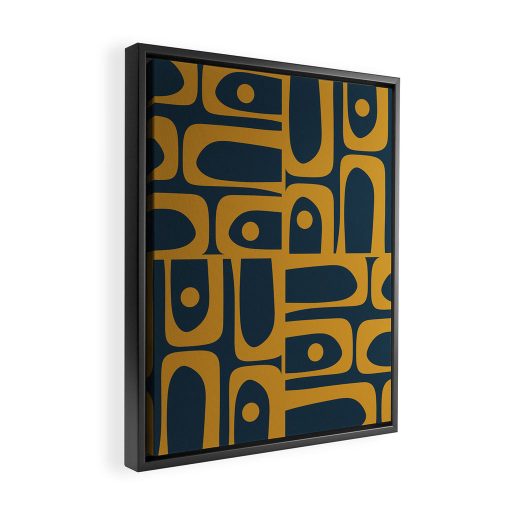 Mid Century Modern Abstract Piquet Multi Pattern in Dark Mustard and Navy Blue Framed Canvas Print Gallery Image 2