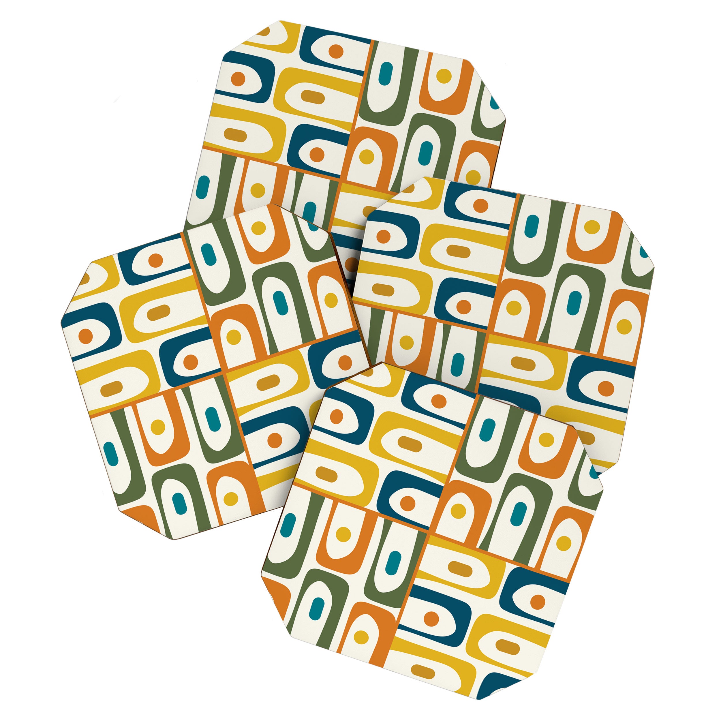 Mid Century Modern Abstract Piquet Multi Pattern in Moroccan Mustard Olive Blue Orange Cream Coaster Gallery Image 1